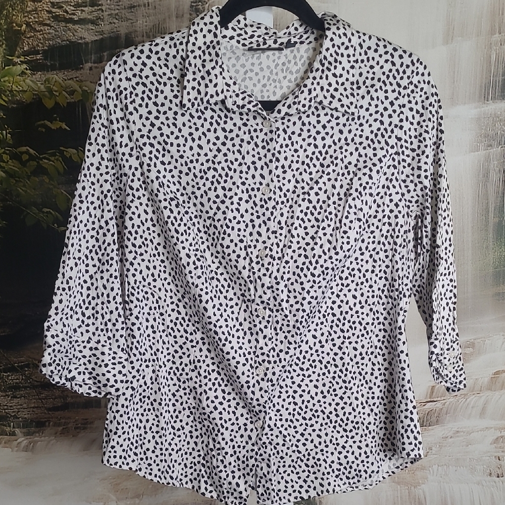Apt. 9 Womens 0X casual Black White Button Down Long Sleeve Blouse